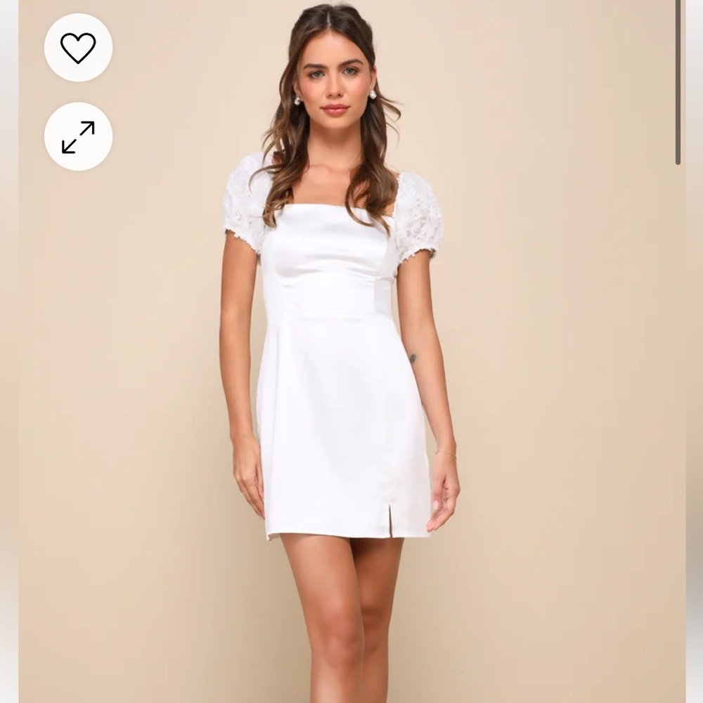 LULU’S Precious Enchantment White Satin Floral Puff Sleeve Mini Dress